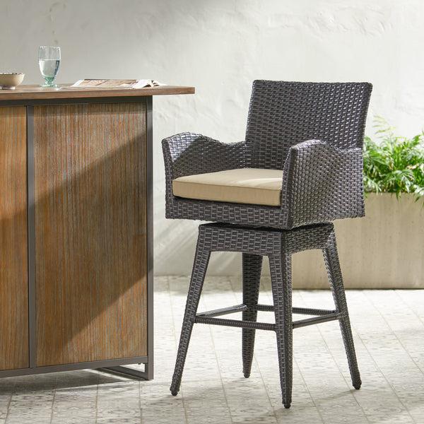 Gdf Studio Royer Modern Outdoor Multi-Brown Wicker Swivel Barstool With Tapered Legs