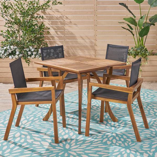 Gdf Studio Ruiz Outdoor Acacia Wood 4 Seater Square Dining Set With Mesh Seats