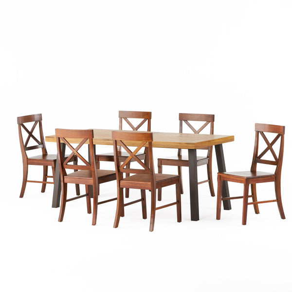 Gdf Studio Rumbrook Farmhouse Acacia Wood And Iron 7 Piece Dining Set Natural Rustic Metal And Rich Mahogany