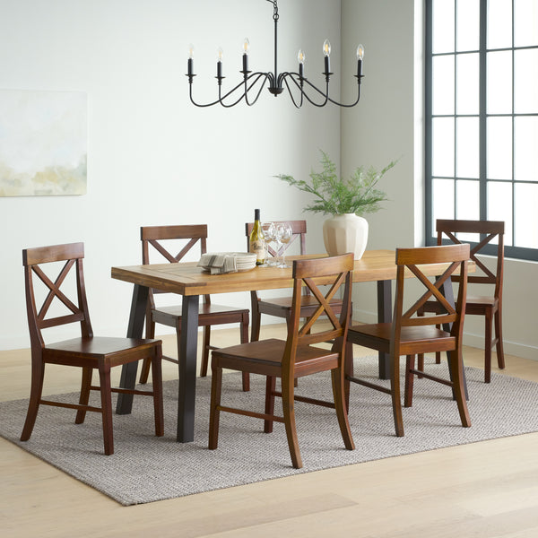 gdf studio Rumbrook Farmhouse Acacia Wood and Iron 7 Piece Dining Set Natural Rustic Metal and Rich Mahogany