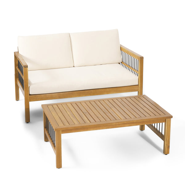 gdf studio Sagewood Outdoor Acacia Wood and Iron Loveseat and Coffee Table Set with Cushions Teak Black Beige