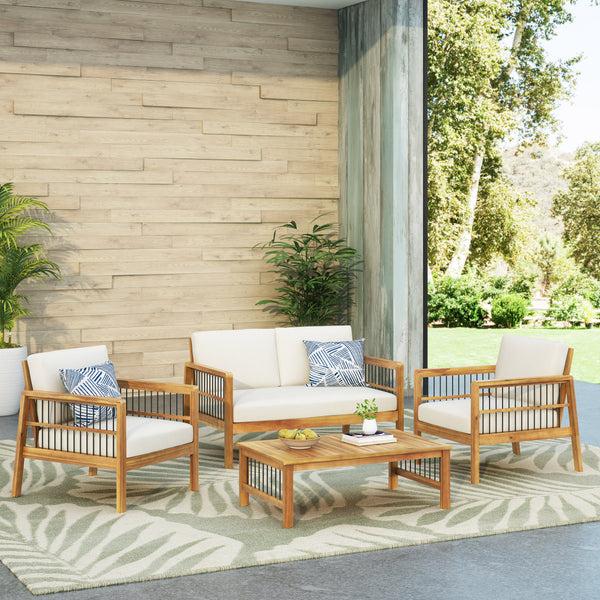 Gdf Studio Sagewood Outdoor Acacia Wood Chat Set With Cushions Teak And Beige