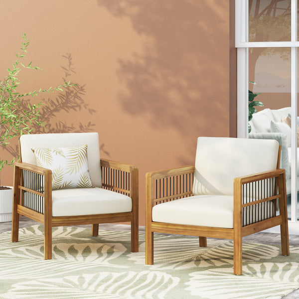 Gdf Studio Sagewood Outdoor Acacia Wood Club Chairs With Cushions Set Of 2 Teak And Beige