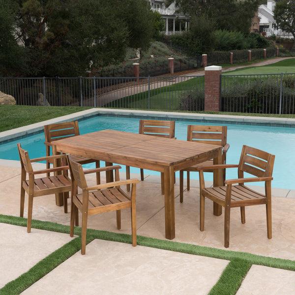 Gdf Studio Sakura Outdoor 7 Piece Acacia Wood Dining Set With Expandable Dining Table