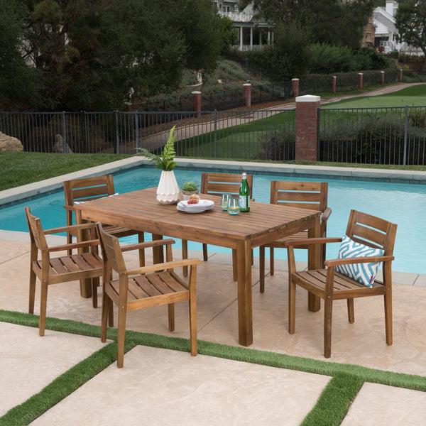 Gdf Studio Sakura Outdoor 7 Piece Acacia Wood Dining Set With Expandable Dining Table