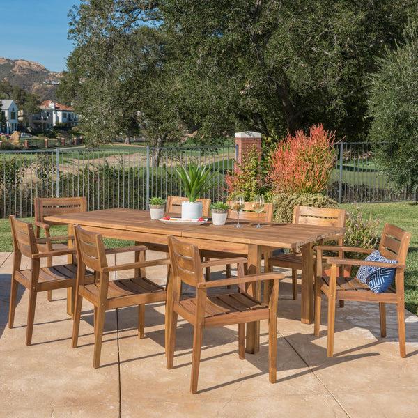 Gdf Studio Sakura Outdoor 9 Piece Acacia Wood Dining Set With Expandable Dining Table