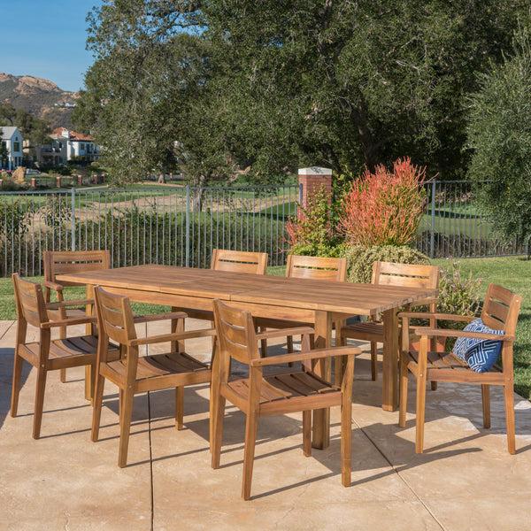 Gdf Studio Sakura Outdoor 9 Piece Acacia Wood Dining Set With Expandable Dining Table
