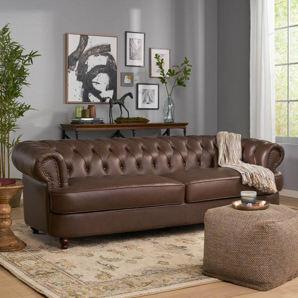 Gdf Studio Saley Contemporary Leather Tufted 3 Seater Sofa With Nailhead Trim
