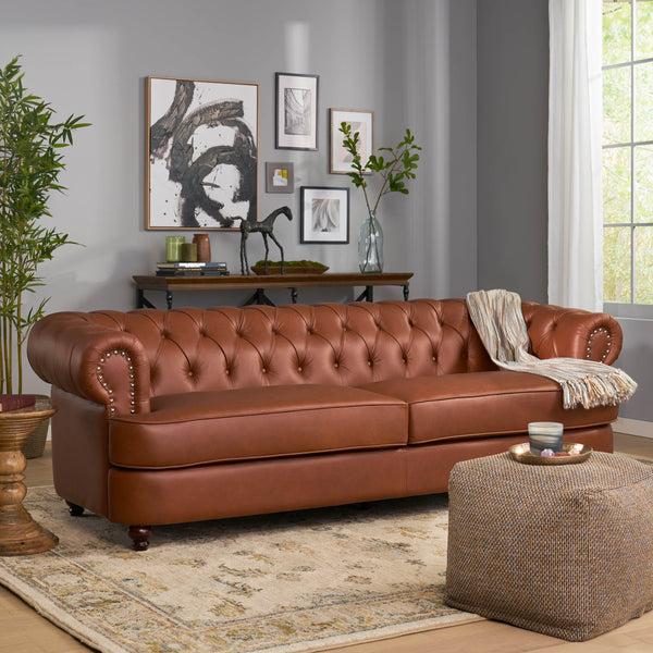 gdf studio Saley Contemporary Leather Tufted 3 Seater Sofa with Nailhead Trim