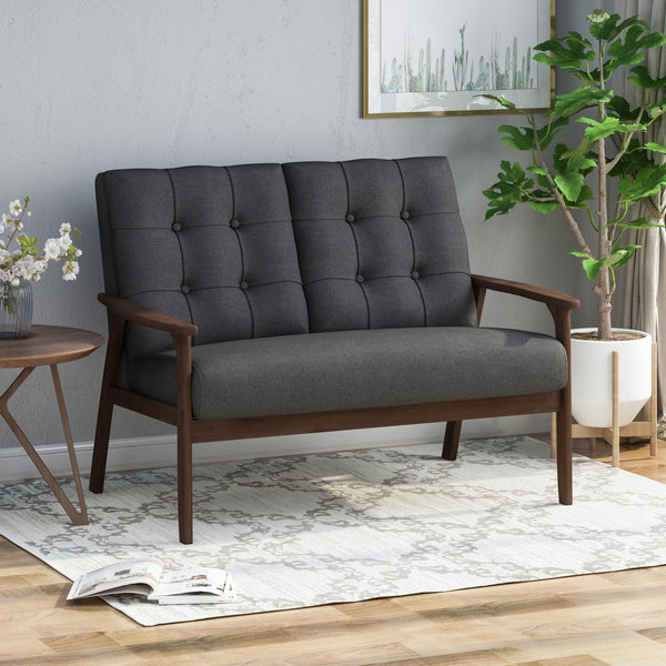 Gdf Studio Samulle Mid Century Waffle Stitch Tufted Accent Loveseat With Rubberwood Legs - Black And Walnut Finish