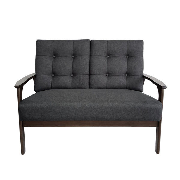 gdf studio Samulle Mid Century Waffle Stitch Tufted Accent Loveseat with Rubberwood Legs - Black and Walnut Finish