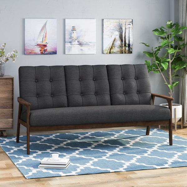 Gdf Studio Samulle Mid Century Waffle Stitch Tufted Accent Sofa With Rubberwood Legs - Black And Walnut Finish