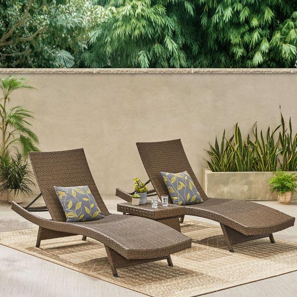 Gdf Studio Samulle Outdoor 3 Piece Mixed Mocha Wicker Armless Chaise Lounge And Table Set
