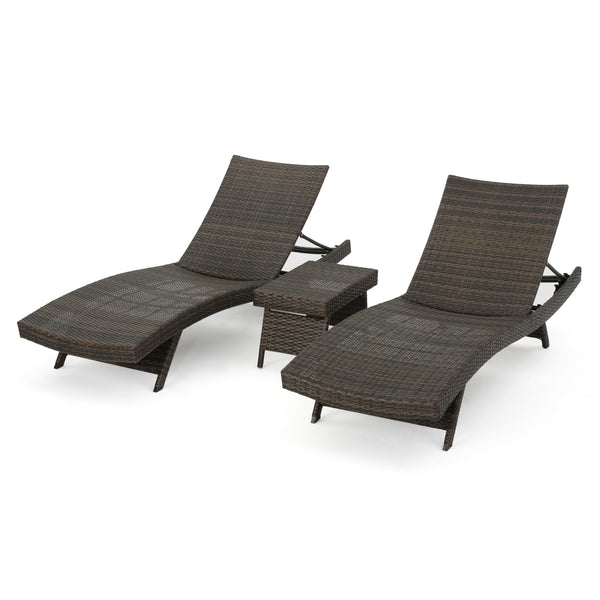 gdf studio Samulle Outdoor 3 Piece Mixed Mocha Wicker Armless Chaise Lounge and Table Set