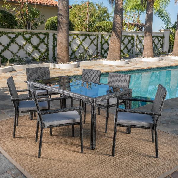 Gdf Studio San Simeon Outdoor 7 Piece Wicker Dining Set With Water Resistant Cushions