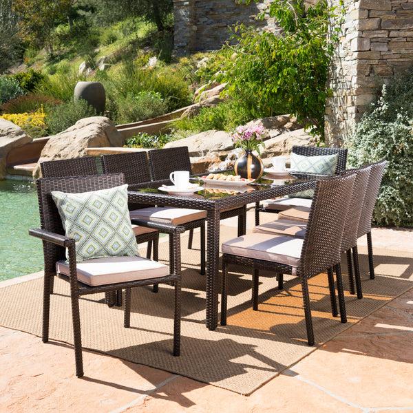 Gdf Studio San Simeon Outdoor 9 Piece Wicker Rectangular Dining Set