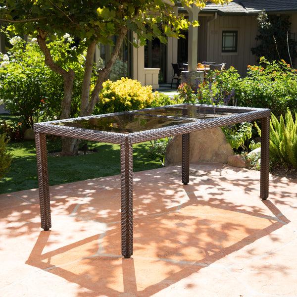 Gdf Studio San Simeon Outdoor Wicker Rectangular Dining Table With Tempered Glass Top