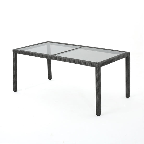 gdf studio San Simeon Outdoor Wicker Rectangular Dining Table with Tempered Glass Top