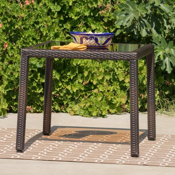 Gdf Studio San Tropez Outdoor Wicker Dining Table With Tempered Glass Top