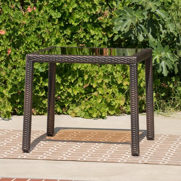 Gdf Studio San Tropez Outdoor Wicker Dining Table With Tempered Glass Top