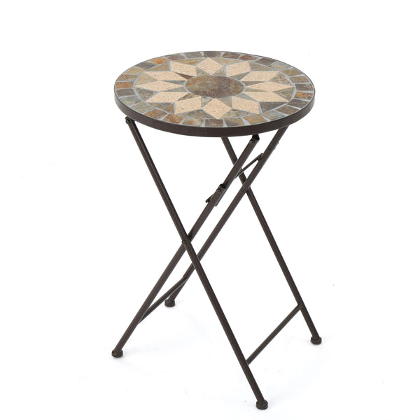 Gdf Studio Sandor Outdoor Beige And Black Stone Side Table With Iron Frame