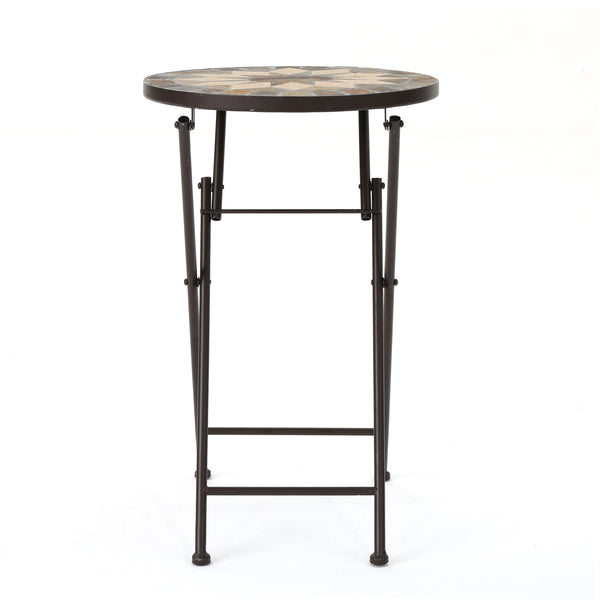 gdf studio Sandor Outdoor Beige and Black Stone Side Table with Iron Frame
