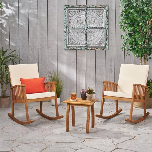 Gdf Studio Sandy Outdoor Acacia Wood 2 Seater Rocking Chairs And Side Table Set