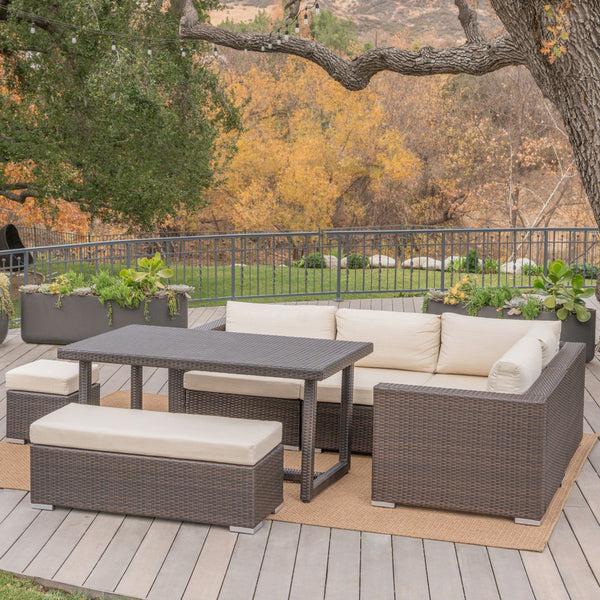 Gdf Studio Santa Maria Outdoor 7 Seat Dining Sofa Set With Aluminum Frame And Water Resistant Cushions