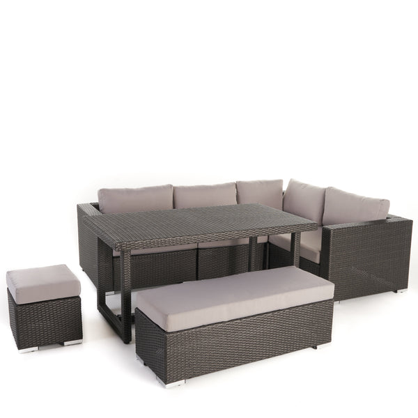 gdf studio Santa Maria Outdoor 7 Seat Dining Sofa Set with Aluminum Frame and Water Resistant Cushions