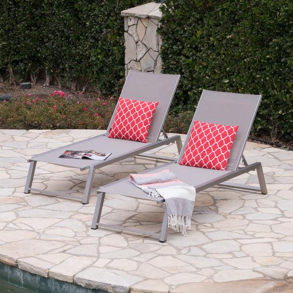 Gdf Studio Santa Monica Outdoor Gray Mesh Chaise Lounge With Grey Finished Aluminum Frame