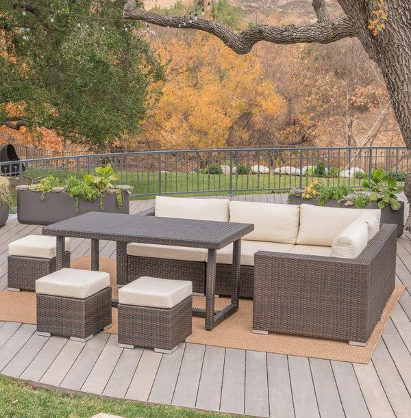 Gdf Studio Santa Rosa Outdoor 7 Seat Dining Sofa And Ottoman Set With Aluminum Frame