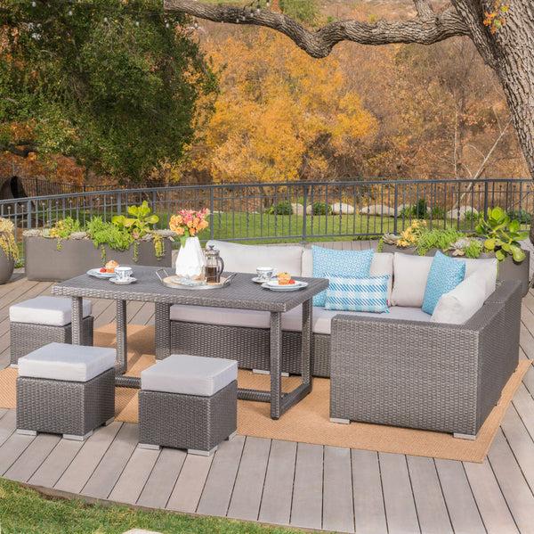 Gdf Studio Santa Rosa Outdoor 7 Seat Dining Sofa And Ottoman Set With Aluminum Frame