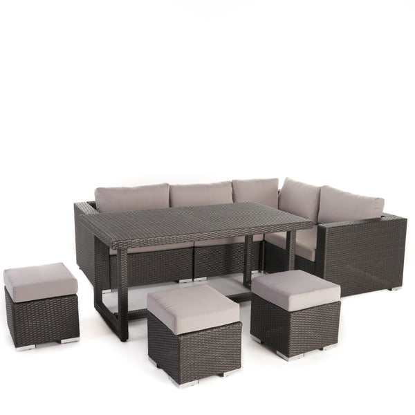 gdf studio Santa Rosa Outdoor 7 Seat Dining Sofa and Ottoman Set with Aluminum Frame