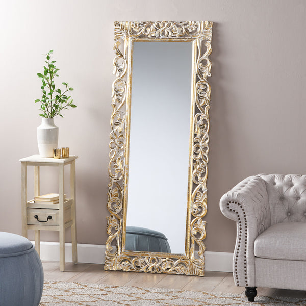 Gdf Studio Sarah Traditional Standing Mirror With Floral Carved Frame