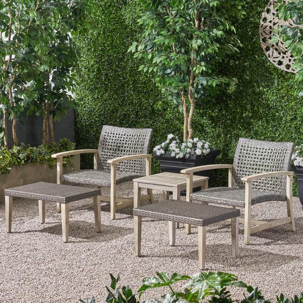 Gdf Studio Savannah Outdoor 5 Piece Wood And Wicker Club Chair And Ottoman Set