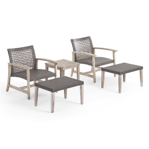 gdf studio Savannah Outdoor 5 Piece Wood and Wicker Club Chair and Ottoman Set