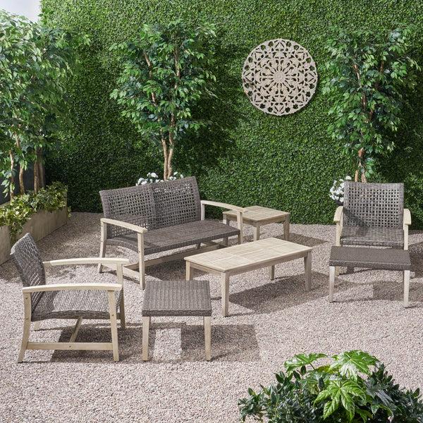Gdf Studio Savannah Outdoor 7 Piece Wood And Wicker Chat Set