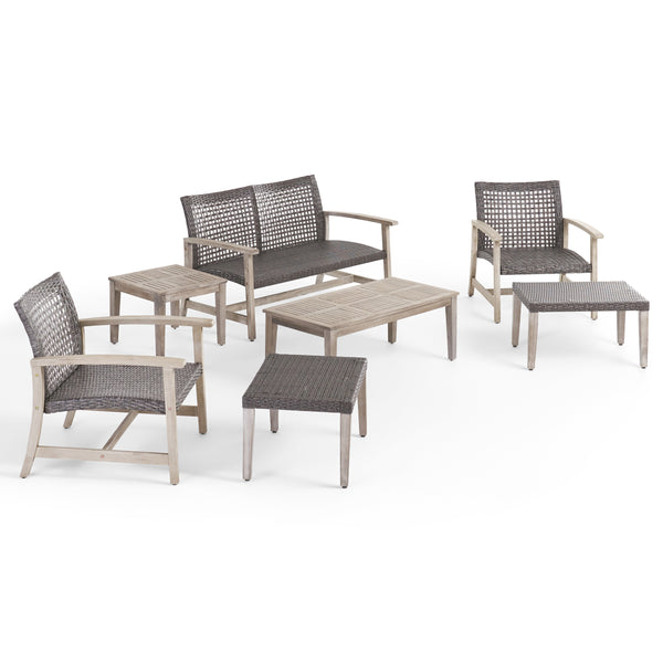 gdf studio Savannah Outdoor 7 Piece Wood and Wicker Chat Set