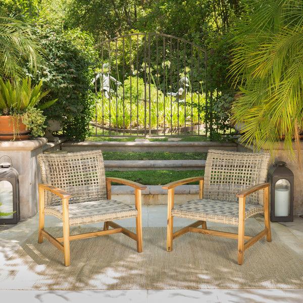 Gdf Studio Savannah Outdoor Mid Century Acacia Wood Frame Wicker Club Chairs (Set Of 2)