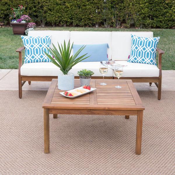Gdf Studio Scarlett Outdoor 3 Seat Teak Finished Acacia Wood Sofa And Table Set
