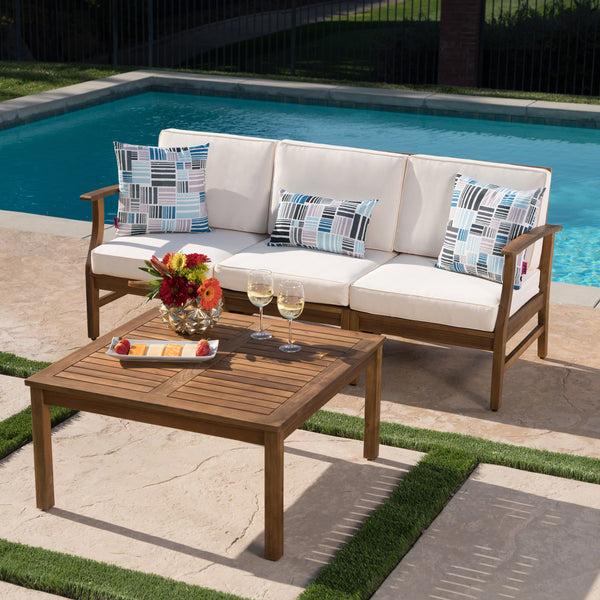Gdf Studio Scarlett Outdoor 3 Seat Teak Finished Acacia Wood Sofa And Table Set