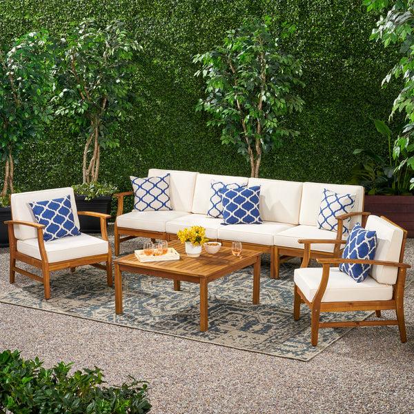 Gdf Studio Scarlett Outdoor 6 Seat Teak Finished Acacia Wood Sofa And Table Set