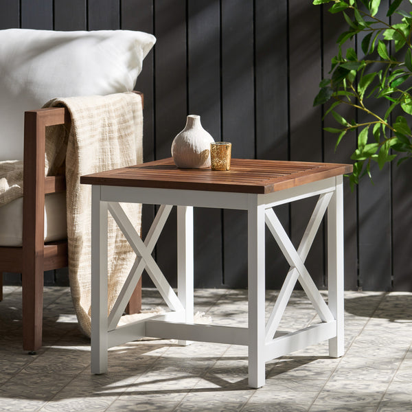 Gdf Studio Selvan Indoor Farmhouse Cottage Dark Oak Acacia Wood End Table With White Frame