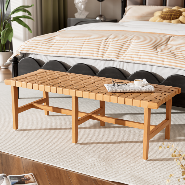 Gdf Studio Sephiro Stylish Acacia Wood Bedroom Bench With Woven PU Leather Seat