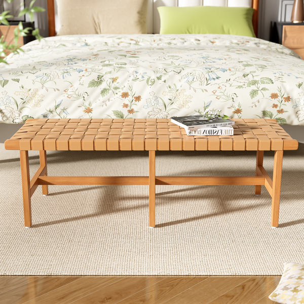 Gdf Studio Sephiro Stylish Acacia Wood Bedroom Bench With Woven PU Leather Seat