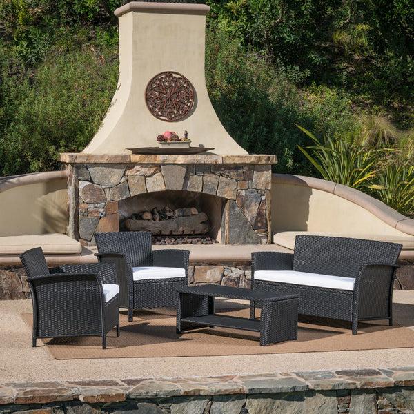 Gdf Studio Shasta Outdoor 4 Piece Black Wicker Chat Set With White Water Resistant Cushions
