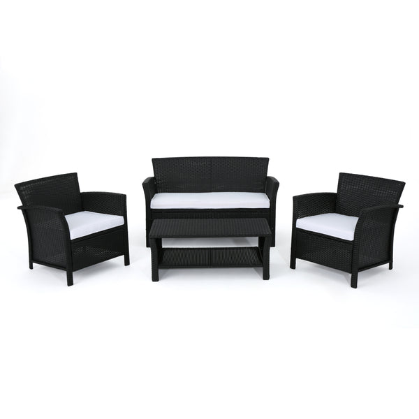gdf studio Shasta Outdoor 4 Piece Black Wicker Chat Set with White Water Resistant Cushions
