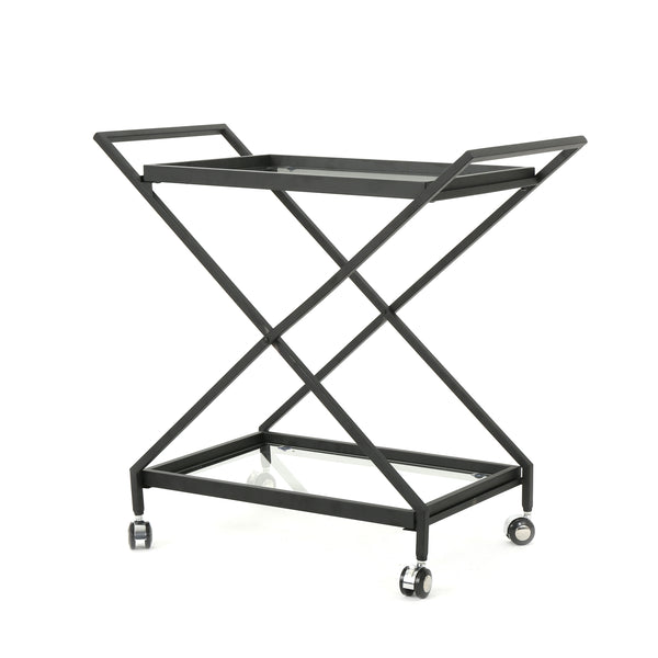 gdf studio Sheri Modern Tempered Glass Black Iron Bar Cart