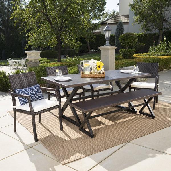 Gdf Studio Sherman Outdoor 6 Piece Aluminum Dining Set With Bench And Wicker Dining Chairs