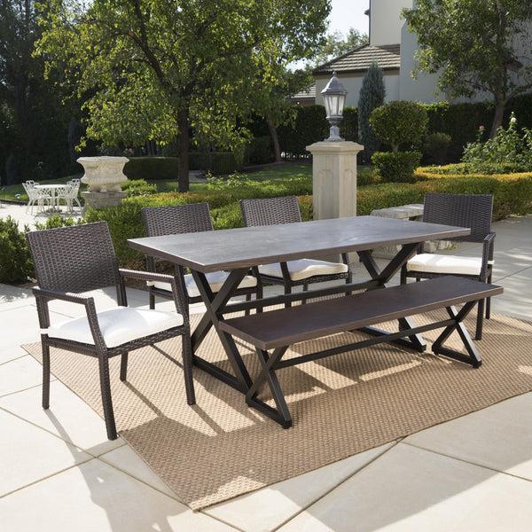 Gdf Studio Sherman Outdoor 6 Piece Aluminum Dining Set With Bench And Wicker Dining Chairs